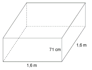 Rett, firkantet prisme med sidelengder 1.6 m, 1.6 m og 71 cm.